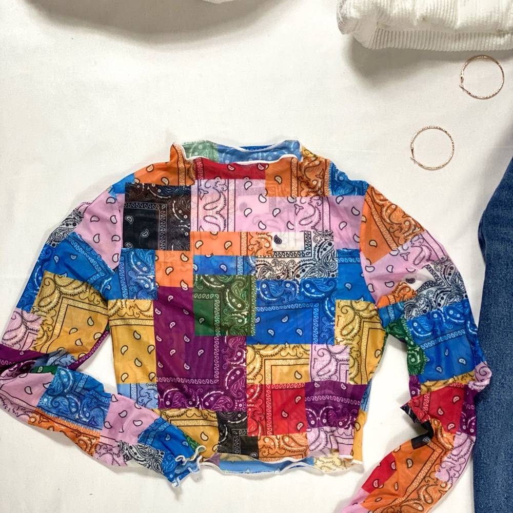 Multicolor Lettuce Trim Patchwork Print Mesh Top